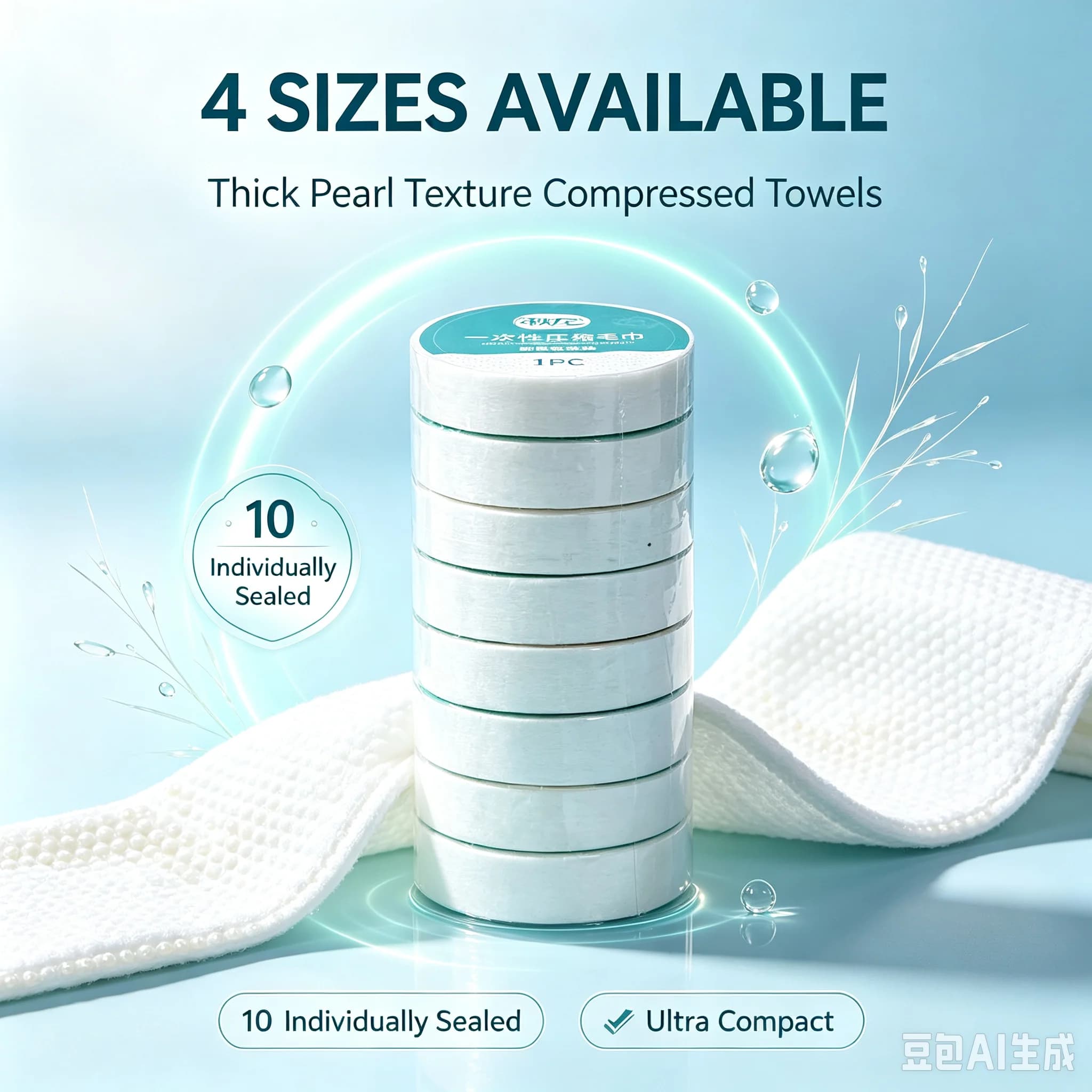 Qiulong Disposable Compressed Towels, 10 Pack Individually Wrapped Pearl Embossed Travel Towels, 4 Sizes Optional