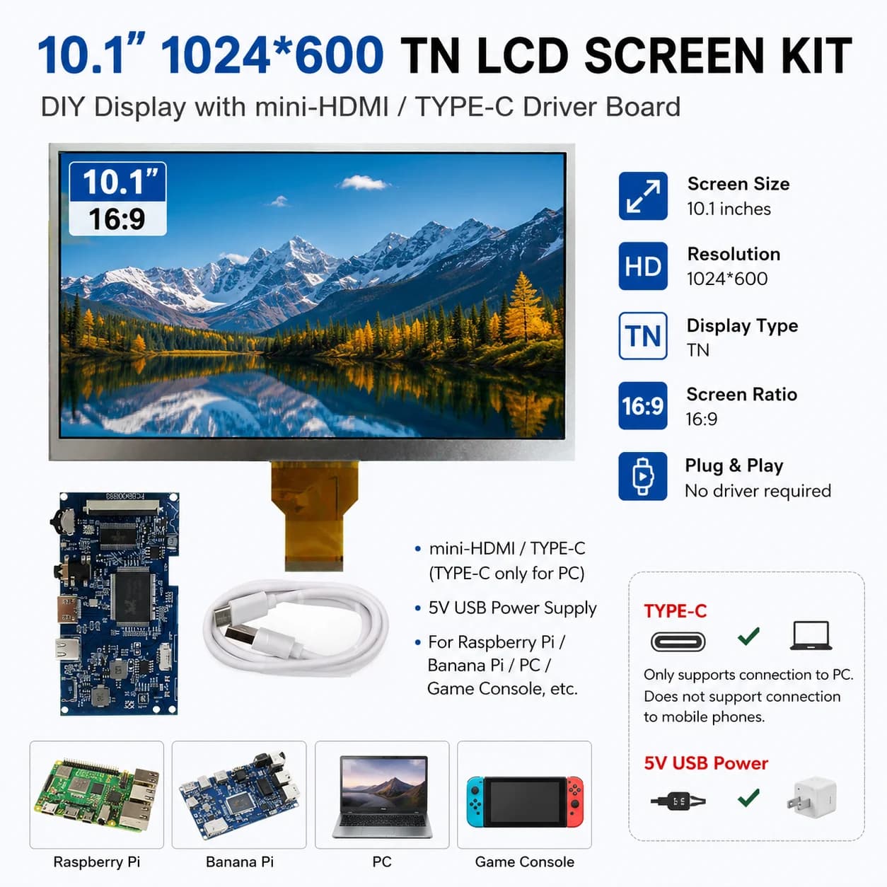 10.1 inch 1024x600 Type-C LCD Screen + HDMI compatible driver card Kit Second portable monitor for Raspberry Pi/PC/Laptop