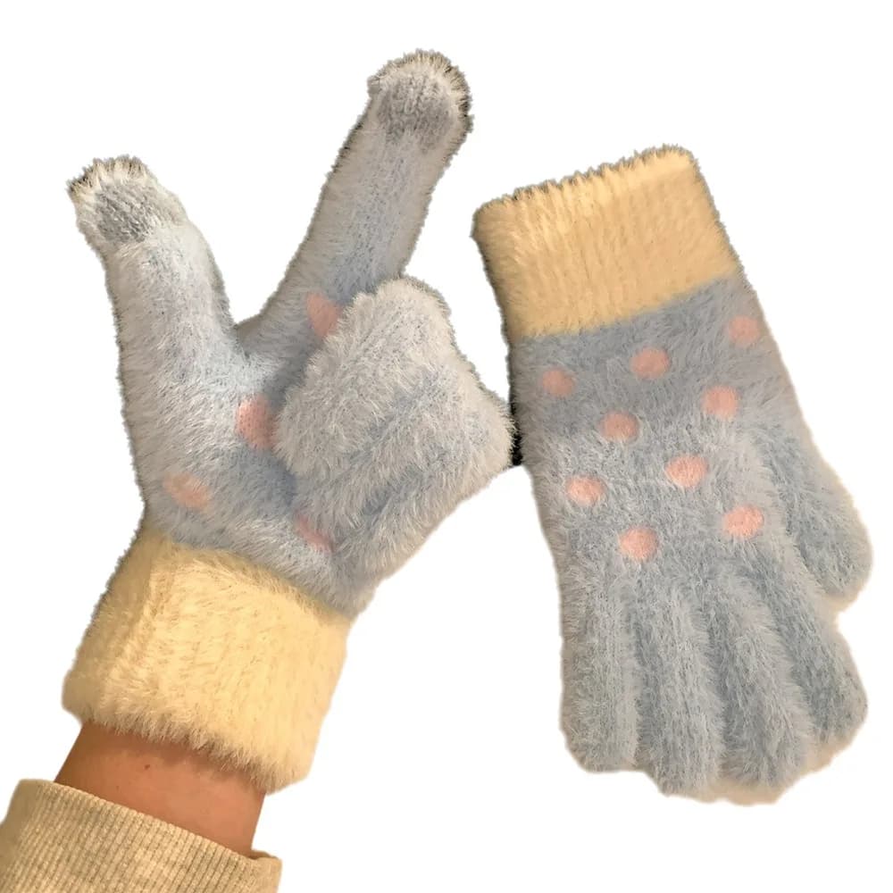 Sweet Furry Knitted Gloves Touchscreen Polka Dot Five-Finger Gloves Plush Wool Knit Warm Gloves Commute