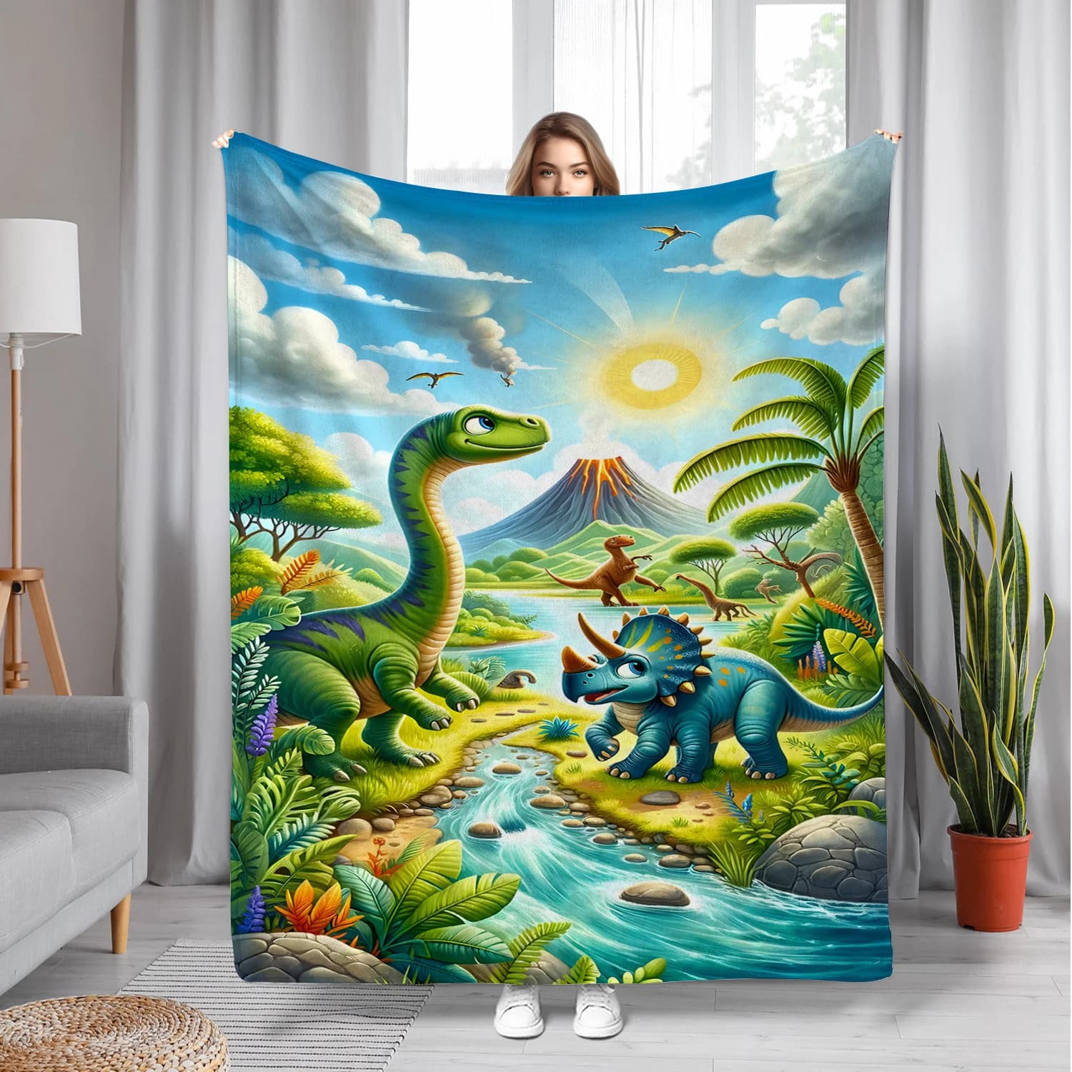 Coperta stampata in flanella a tema dinosauro preistorico adatta a tutte le stagioni adatta per divano da ufficio e viaggi