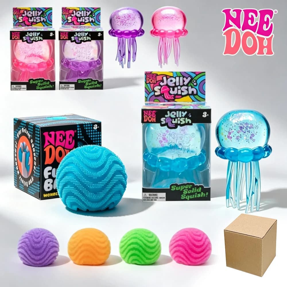 NeeDoh Fuzz Fidget Toys Set Wonder Waves Fuzz Ball & Jellyfish Squishy Soft Squeeze Stress Relief Sensory Toy for Kids Adults