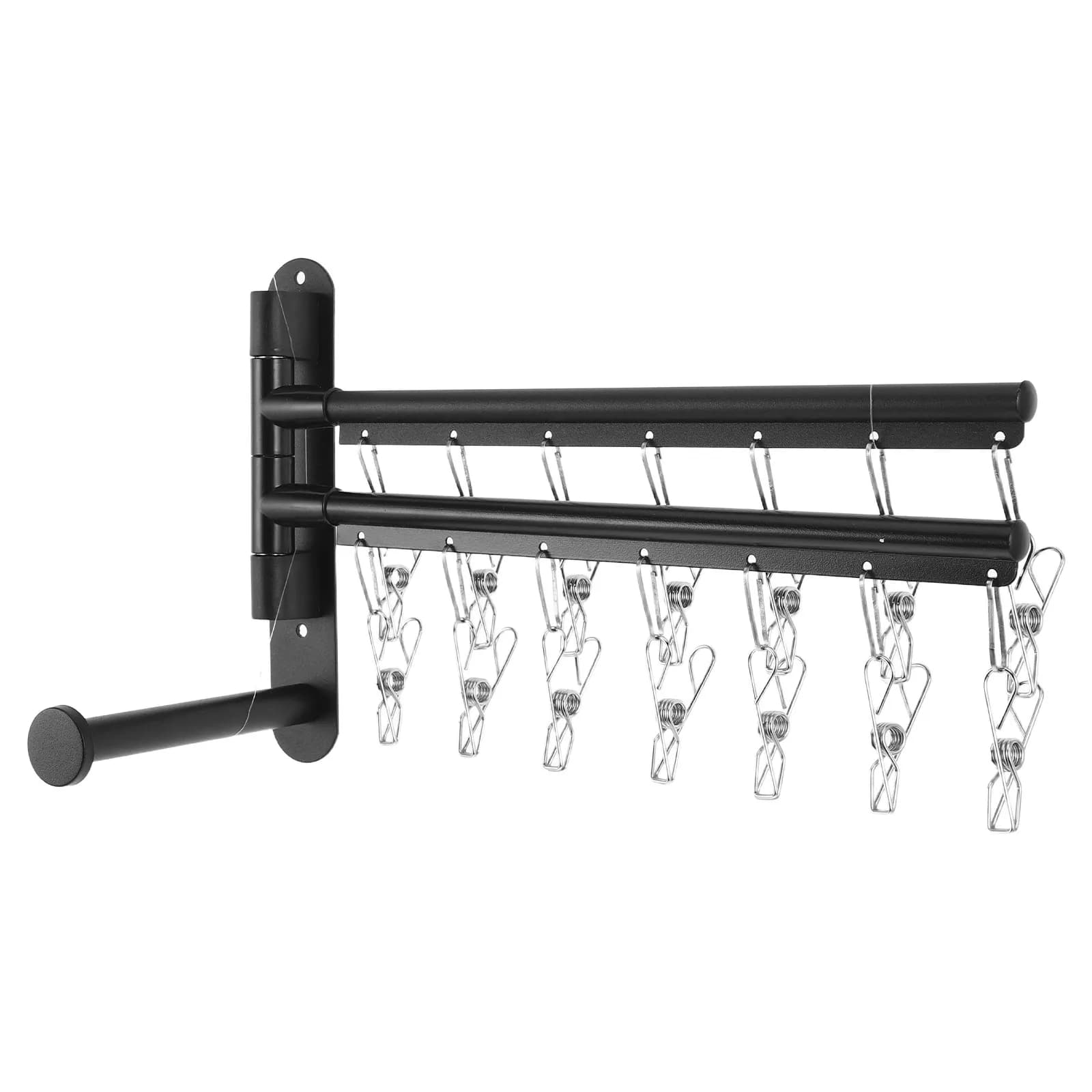 2-Tier Wall Mounted Clothes Drying Rack Stainless Steel Swing Arm Rotating Laundry Hanger Windproof Clips Space Saving Balcony