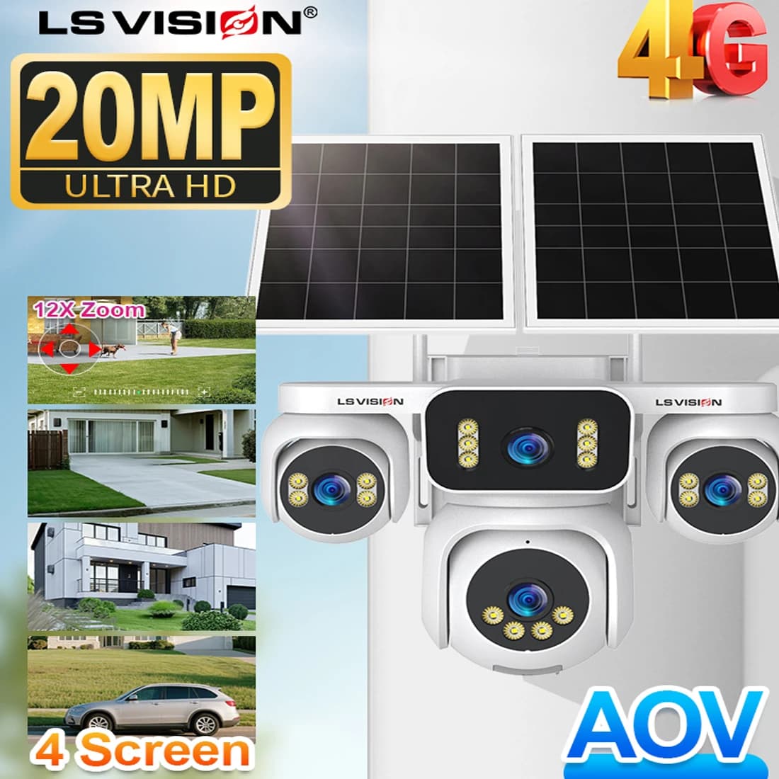 LS VISION Four Screen Outdoor Surveillance Cameras Solar Energy 4 Lens PTZ Cctv Monitoring 4G Ecloud -Sim 24/7 Recording Video