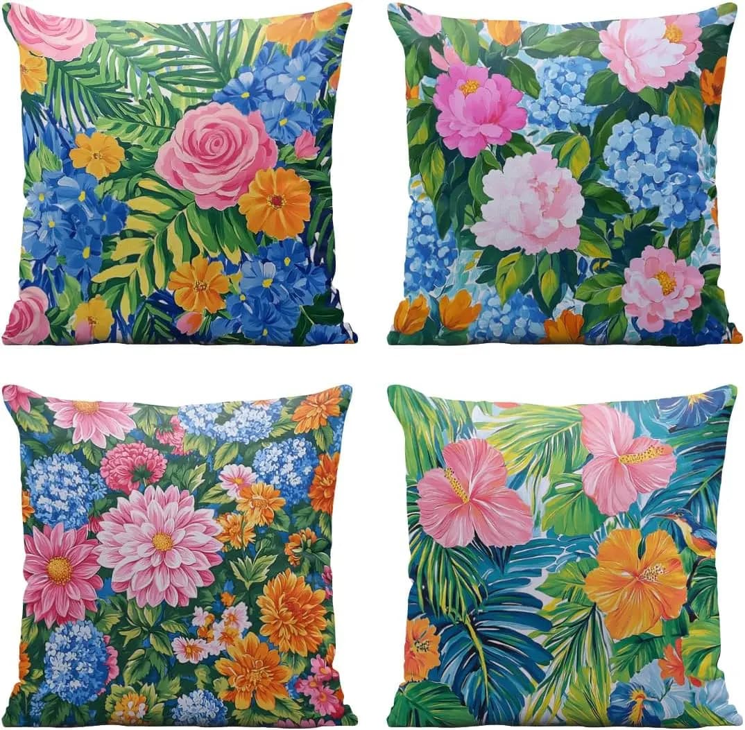 4PCS Floral Throw Pillow Covers Set Tropical Botanical Print Accent Cushion Pillow Home Decor Accessories for Living Room Sofa C