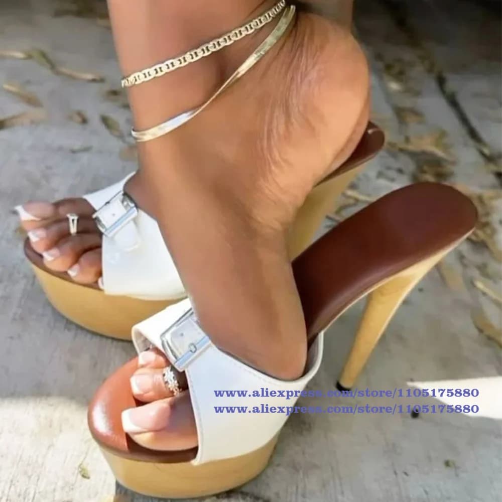 White Leather Belt with Buckle Slippers and Platform Slip On Elegant Shoes Women's Sandals De Mujer Verano