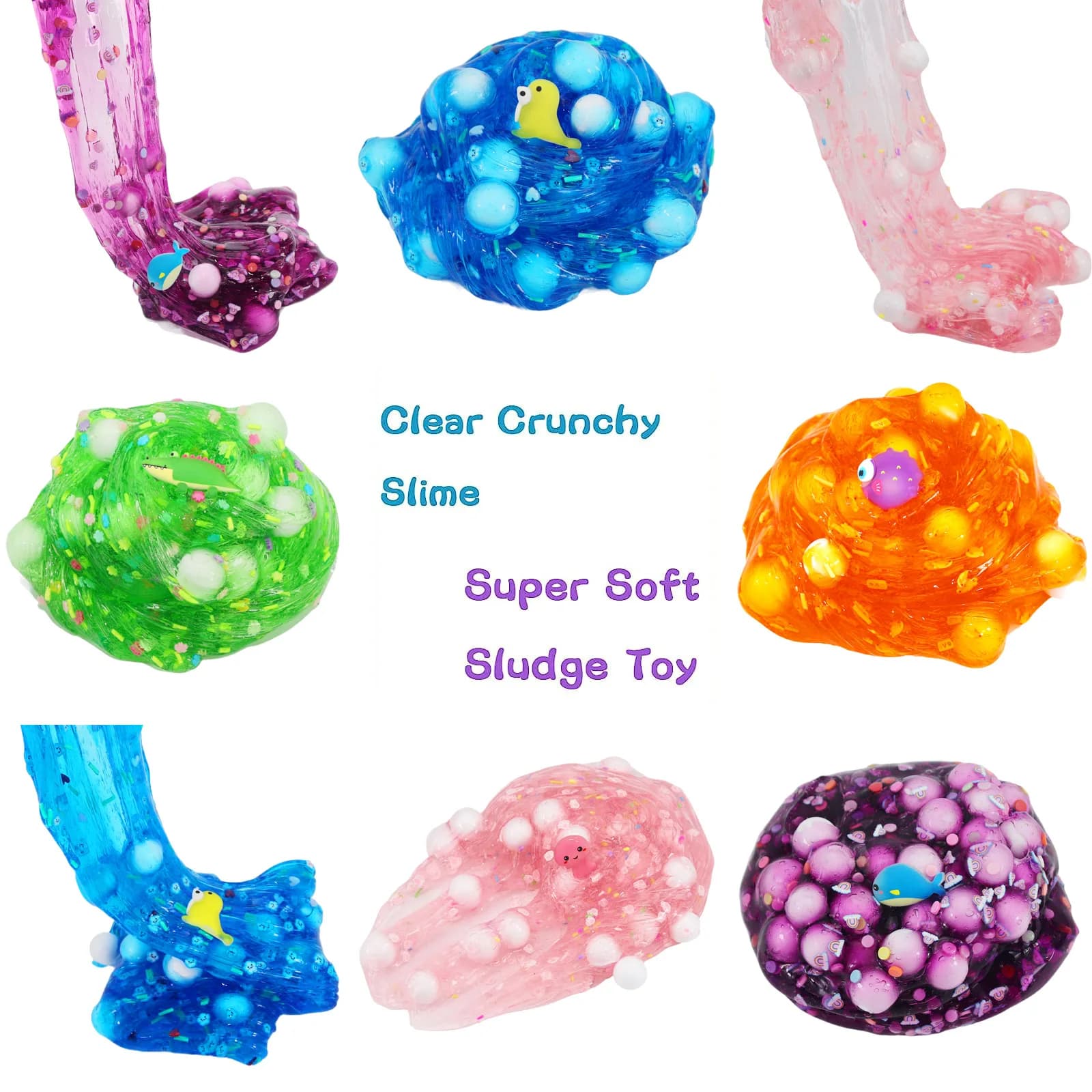 Kit Slime Morbido da 70ml, Non Appiccicoso, Cubetti di Gelatina Croccanti a Tema Animale, Antistress, Glitterato, Trasparente, Regalo per Feste