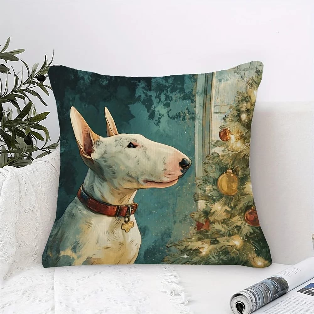 Fodera per cuscino decorativa a doppio lato con motivo albero di Natale e cane Bull Terrier, motivo festivo e giocoso, per la casa