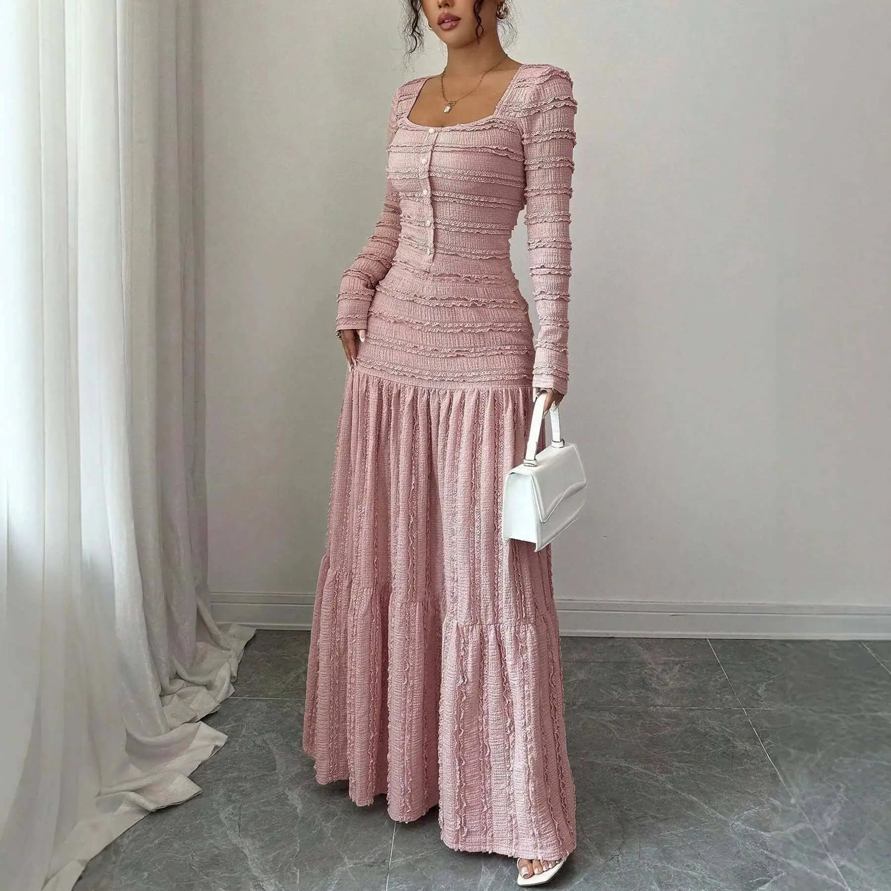 Casual Summer Beach Holiday Dress Women's Long Sleeve Square Collar Sweet Cute Evening Gown Polyester Fiber Midi Dress