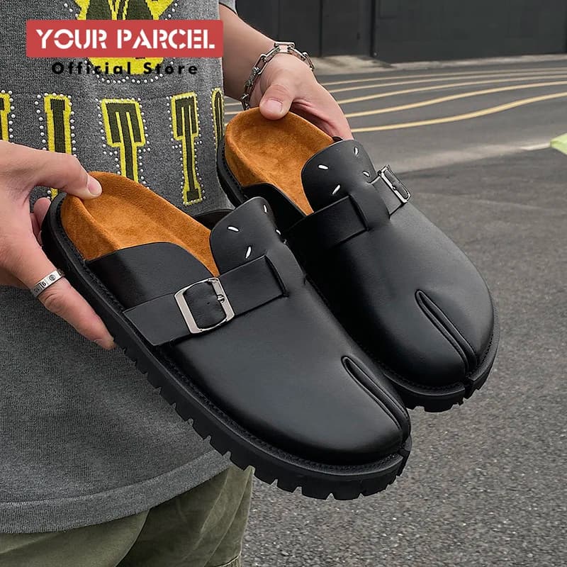 Nuovo Prodotto Estivo: Ciabatte Tabi in Sughero e Pelle, Design Personalizzato con Punta Divisa, Scarpe da Spiaggia Nere, Sandali Outdoor Slip-in Boken