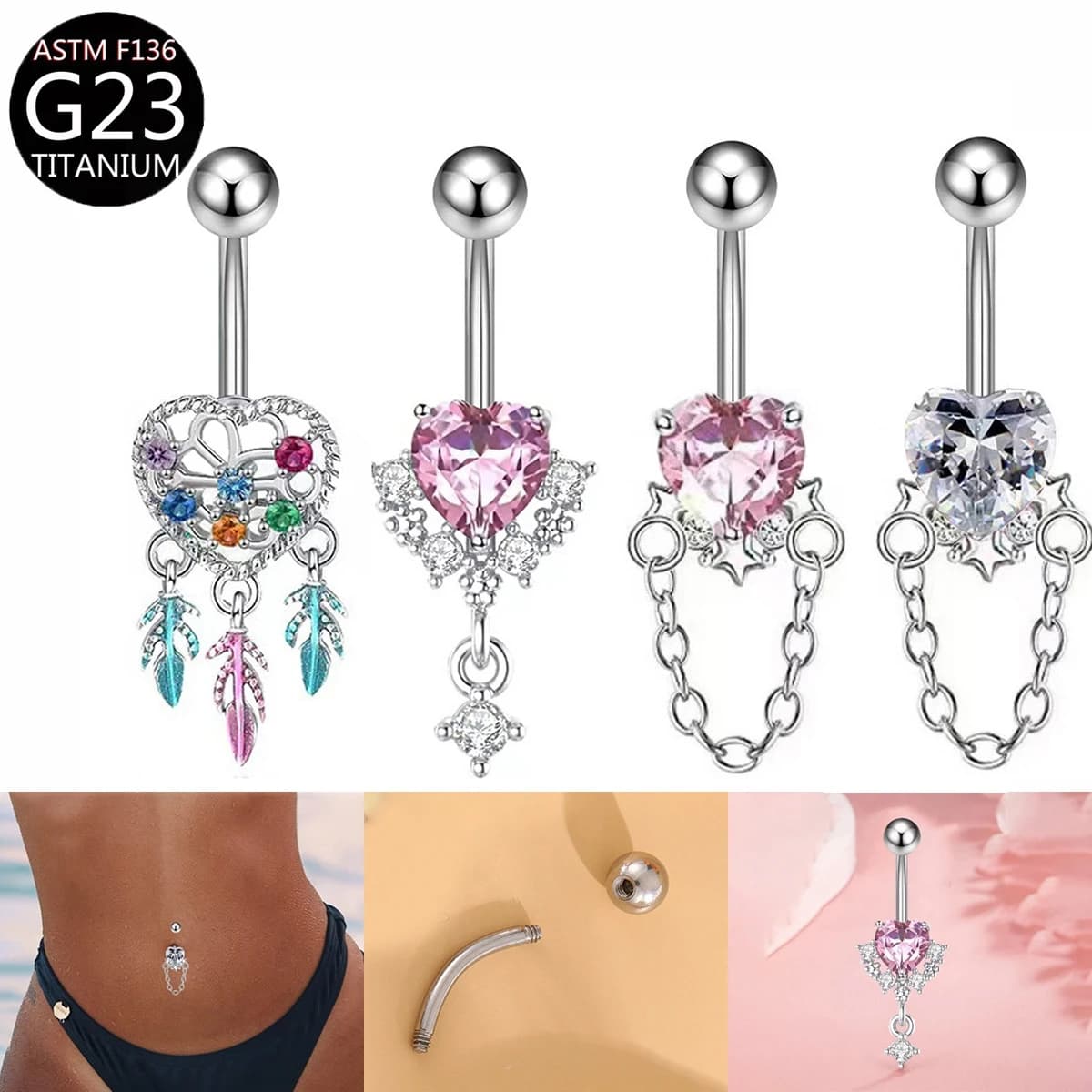 Ins Niche Titanium Full CZ Heart Long Chain Navel Stud Hollow Dreamcatcher Pendant Hypoallergenic Belly Ring Piercing Jewelry
