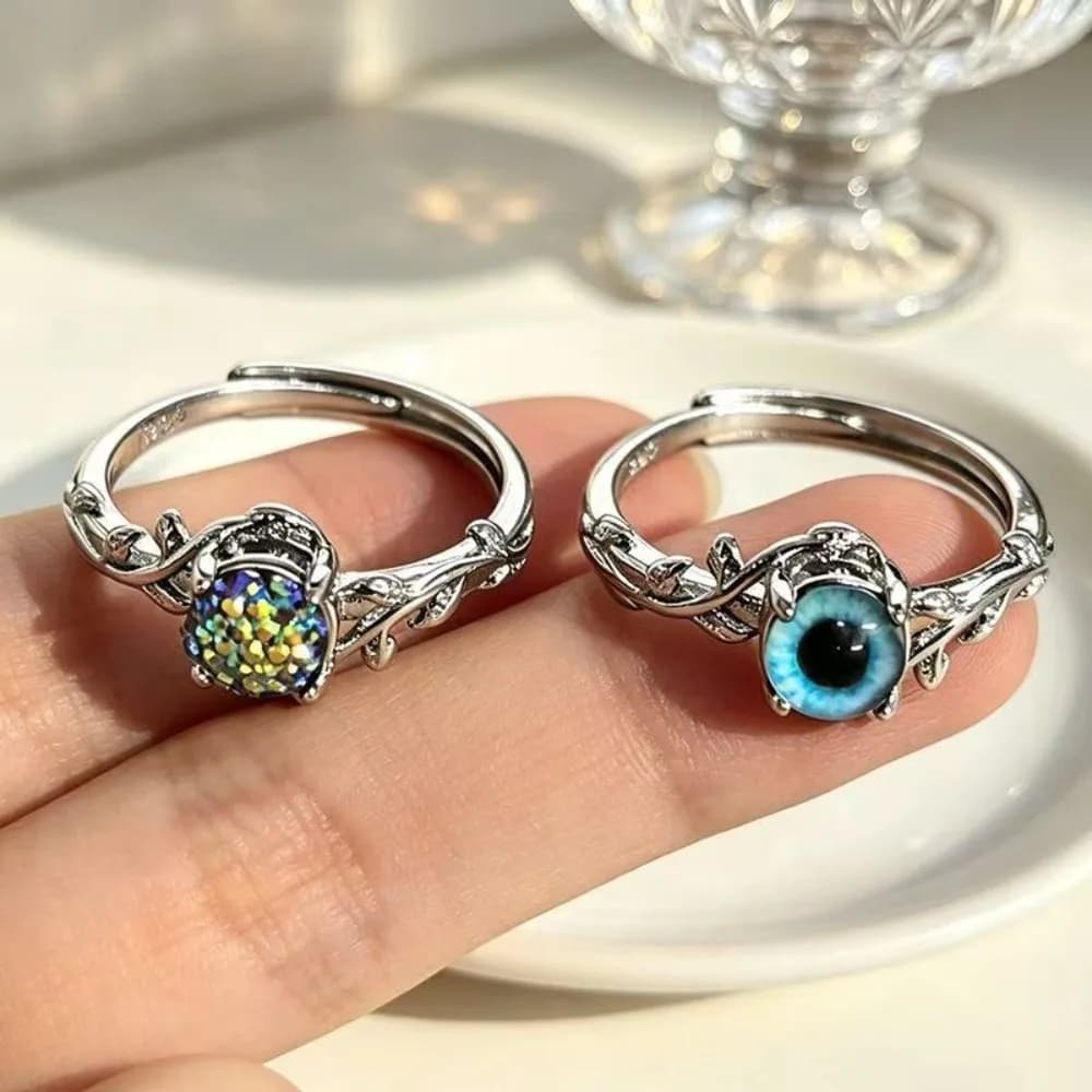 Colorful stone ring, flower vine, tree branches and leaves, devil's eye, blue heterochromatic eyes, unique personality