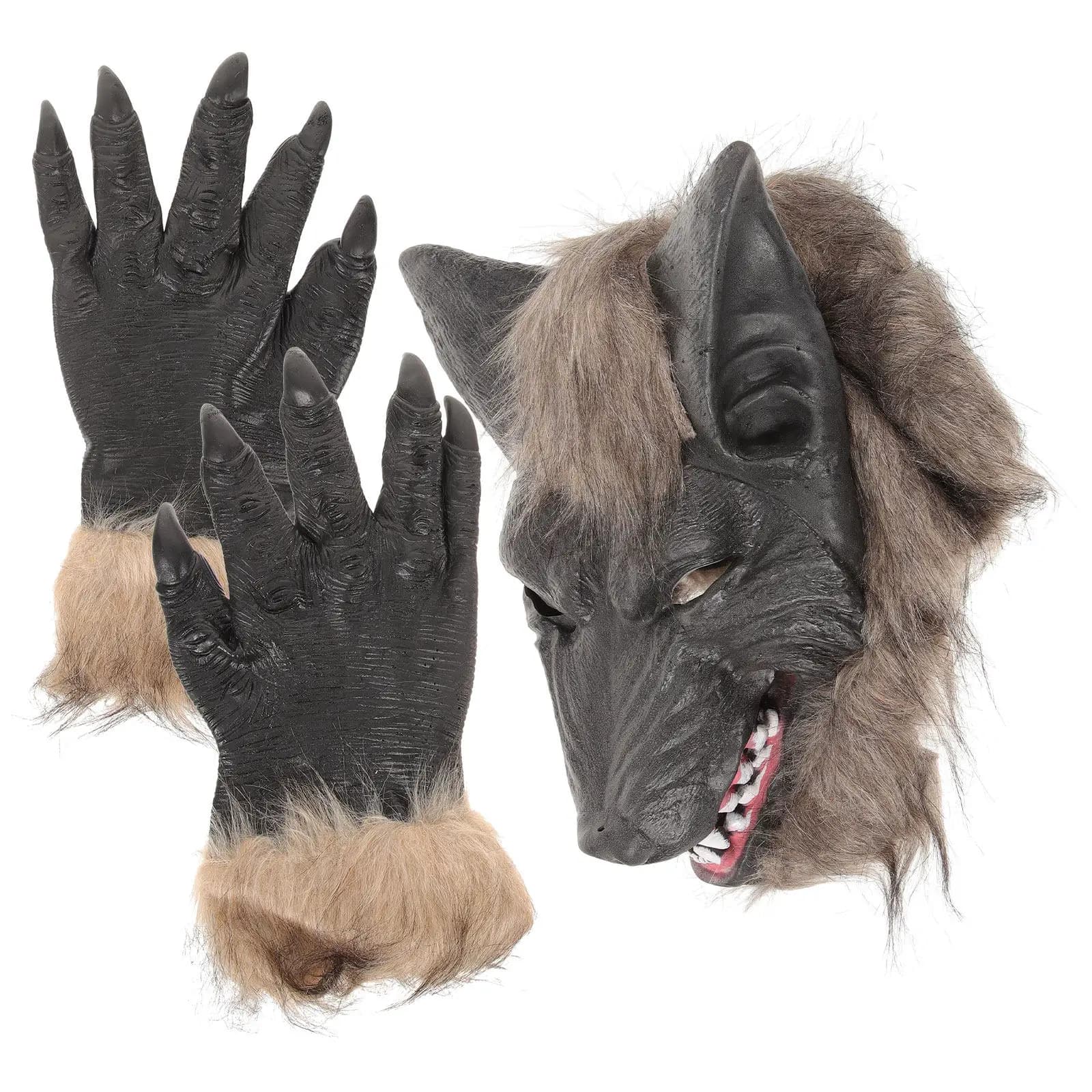 Set Maschera Testa di Lupo e Guanti a Forma di Zampa in Lattice, Decorazione Horror Unisex per Costume, Festa, Cosplay, Halloween, Accessori Spaventosi per Giochi di Ruolo
