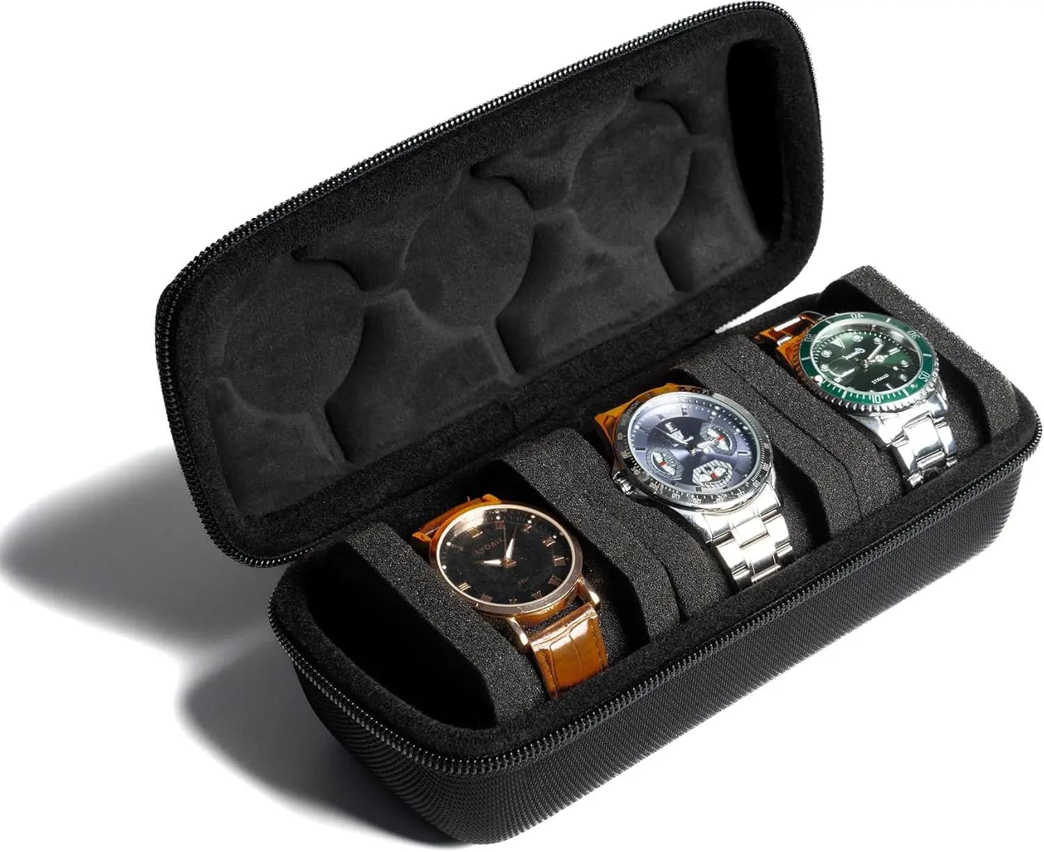 Rigid travel case with 3 compartments for watches with anti-setting cushion, organizer for men and women
