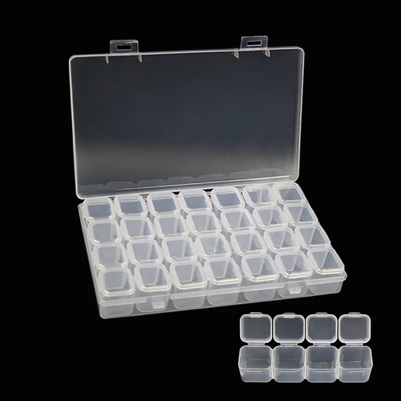 Scatola di archiviazione in plastica trasparente con 28 griglie - Organizzatore di compartimenti rimovibili per farmaci, gioielli, strumenti per l'arte delle unghie. Portatile