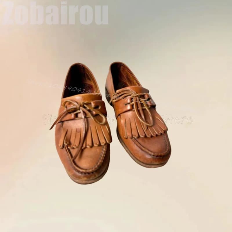 Brown Tassels Decor Sewing Design Bow Knot Loafers Fashion Slip On Men Shoes Luxurious Handmade Party Banquet Men Casual Shoes
