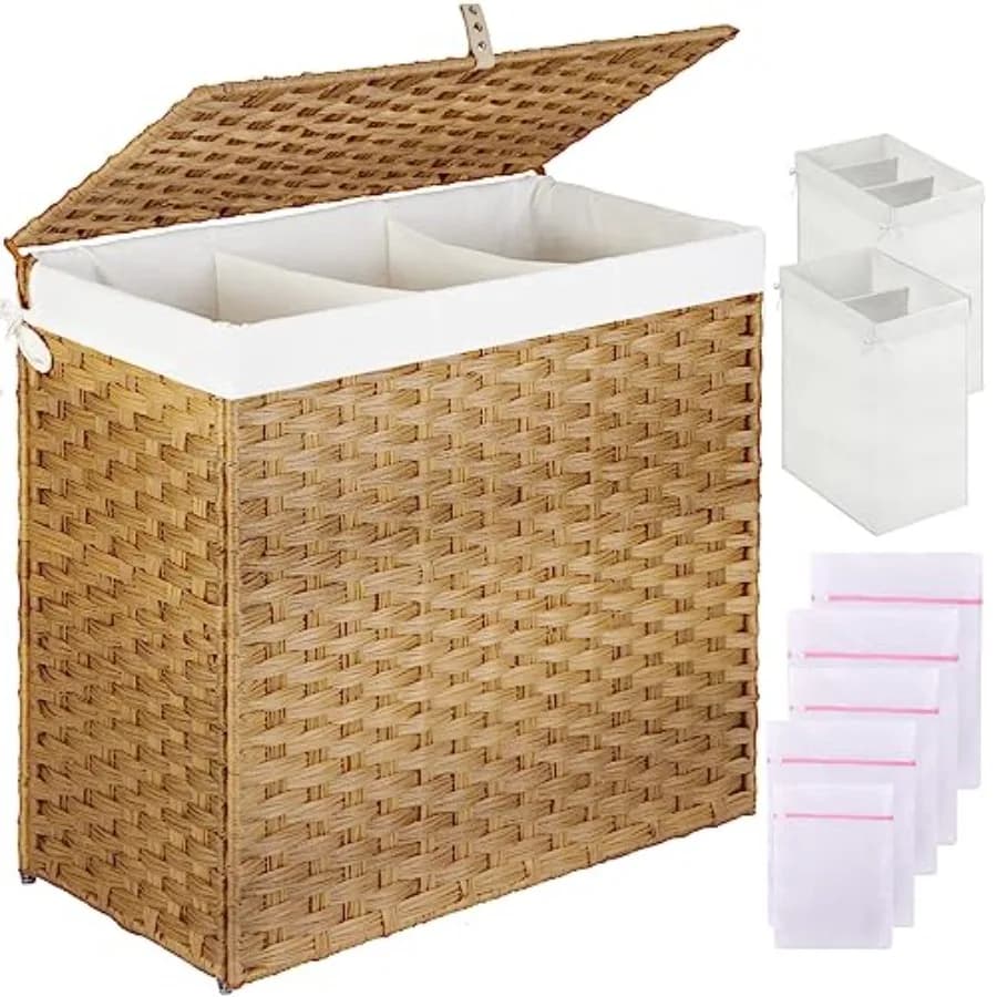 White Paper Basket with Cover 125L, Large Dress Basket with 3 Parts and 2 Removable Bags and 5 Bags in Network for Bucato