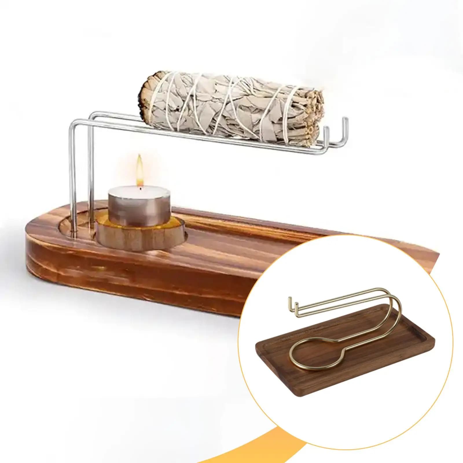 Elegant Incense Burner Holder Wooden Metal Tray for Meditation Dining Room Candle Stand Decorative Desk