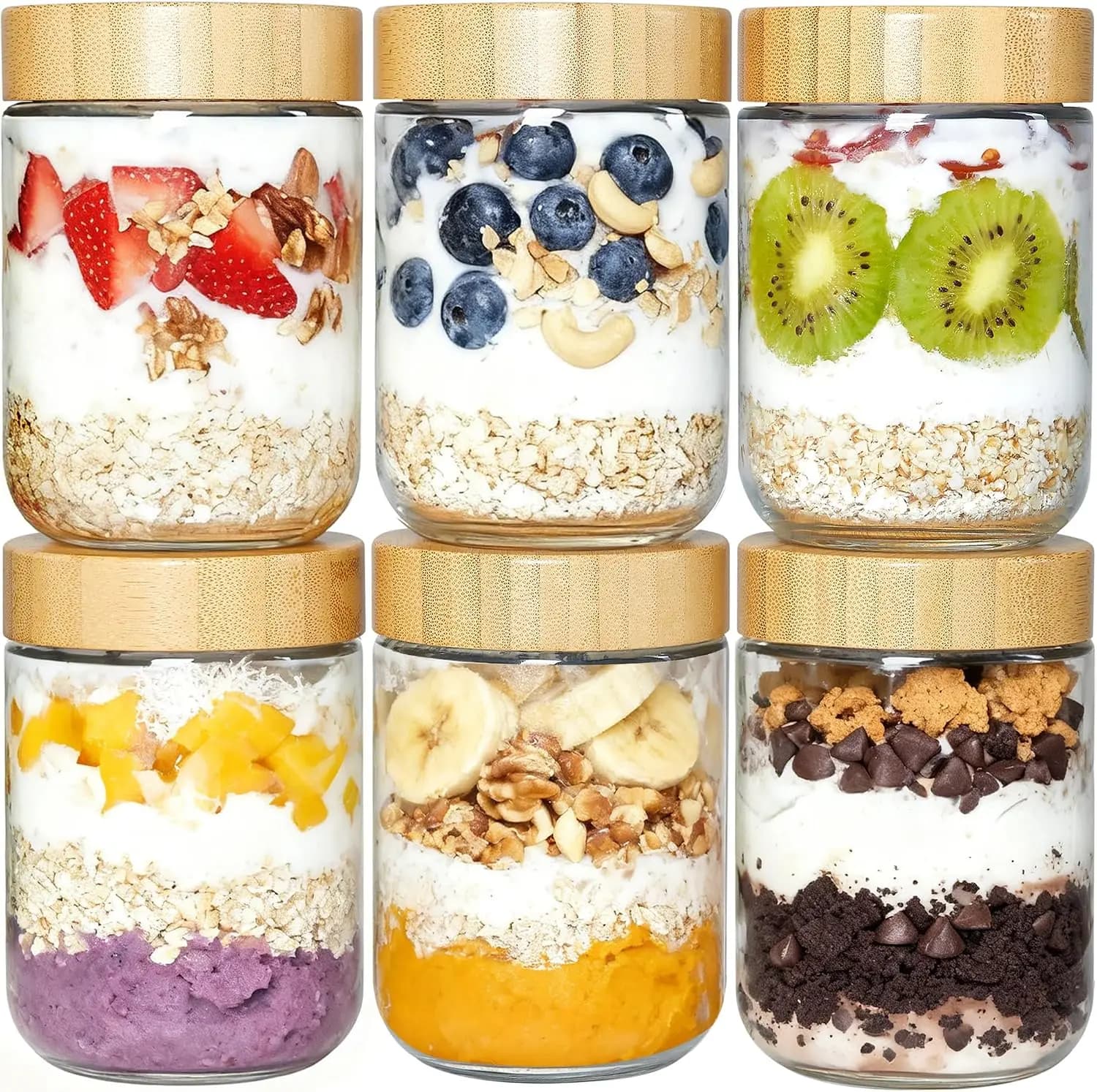 6 Pack 16oz Glass Overnight Oats Containers with Bamboo Lids, Portable Wide Mouth Glass Jars Leak-proof, Reusable Glass Food Storage Containers for Yogurt Chia Pudding Salad Pickling Snacks