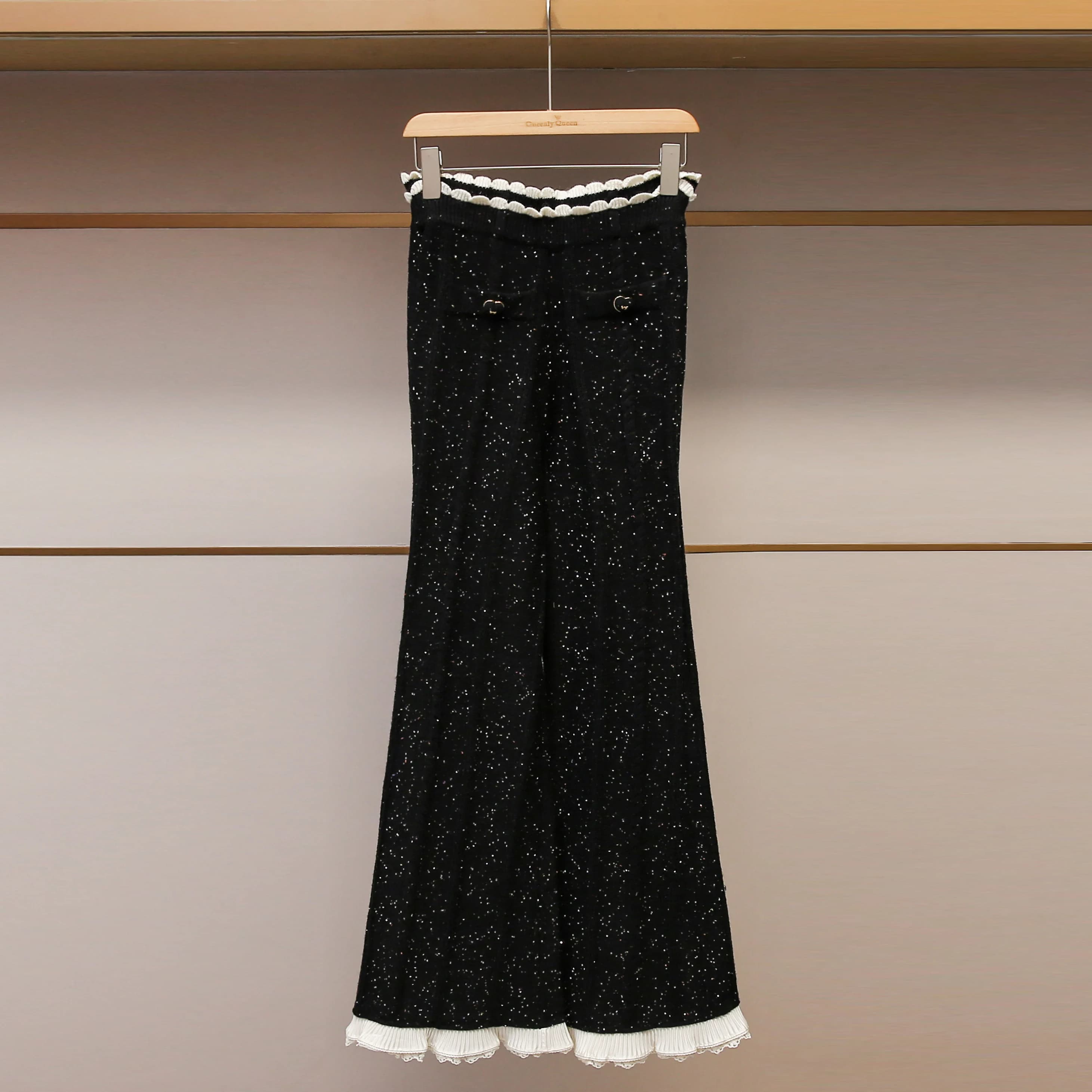 Eleganti Pantaloni a Zampa Lavorati a Maglia per Donna, Vita Alta con Patchwork, Moda Femminile di Alta Gamma South Oil, Nuovi Arrivi Autunnali