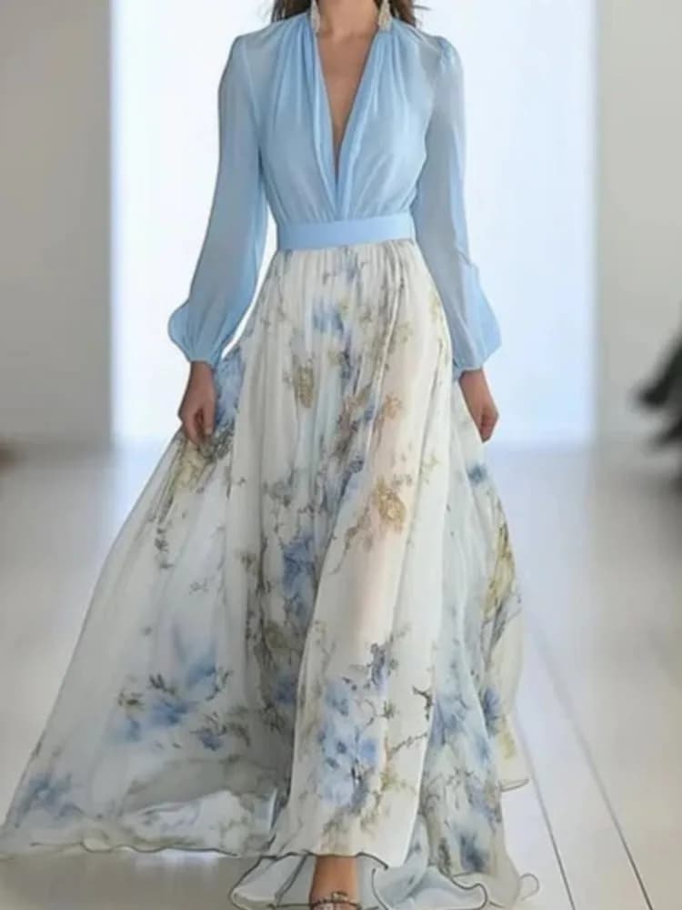 Abito da donna elegante con stampa Moda manica lunga scollo a V profondo Vita alta Abiti larghi Robe Femme Holiday Party Abbigliamento da donna Nuovo