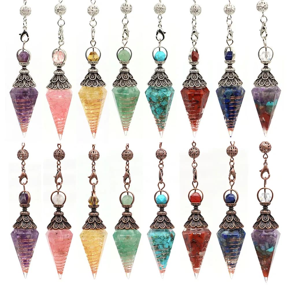7 Chakra Cristallo Dowsing Pendolo Reiki Guarigione Pietra preziosa esagonale Ciondolo a cono a punta Penduloso per l'equilibrazione di Wicca di divinazione