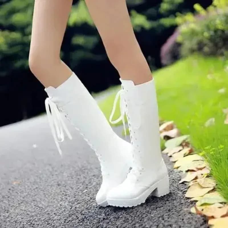 2025 vendita calda primavera autunno allacciatura stivali alti al ginocchio moda donna tacco quadrato fibbia della cintura scarpe in pelle da donna inverno taglia 34-43