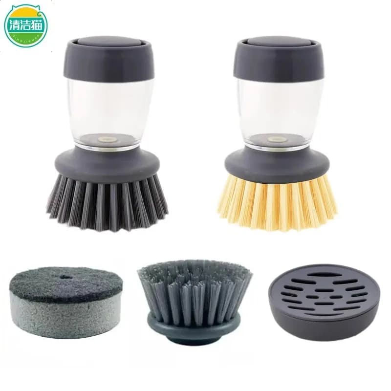 Kitchen Dish Washing Tool Set Soap Dispensing Brush Replaceable Heads Sponge Scrubber Holder Multifunctional for Home Kitchen