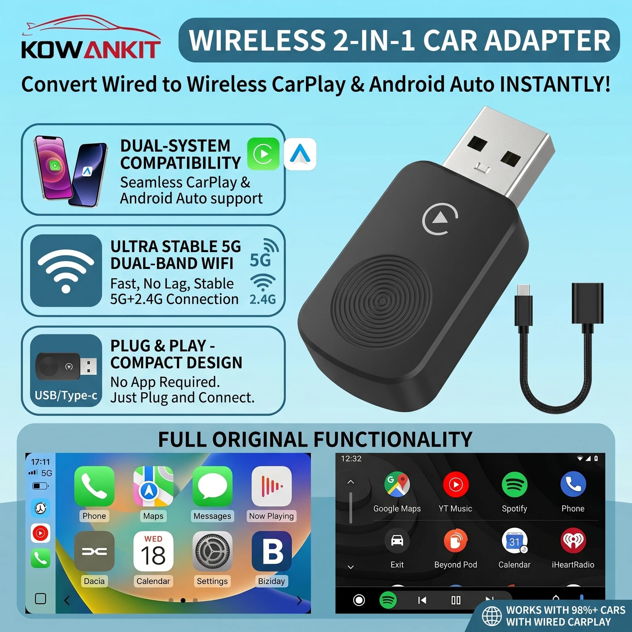 Adattatore Wireless 2 in 1 Kowankit 2026 per CarPlay e Android Auto, Dongle Intelligente BT 5G WiFi Plug & Play per Toyota, Hyundai, Ford, VW, Nissan