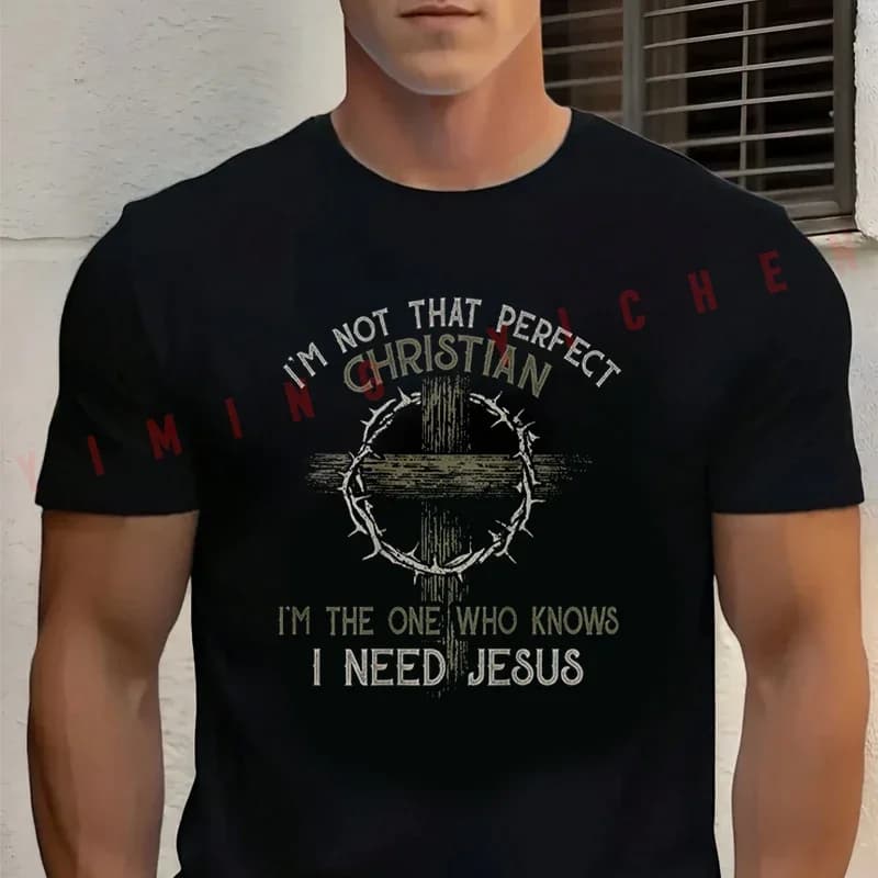 Men's Black I‘m Not That Perfect Christian I‘m The One That Knows Motorcycle Cotton T-Shirt Men's Casual Short Sleeve Tees