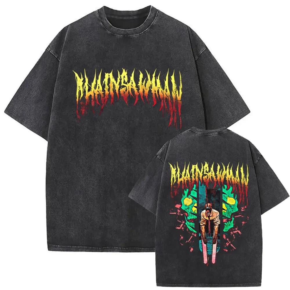 T-shirt Grafica Anime Chainsaw Man Himeno Effetto Vintage Lavato, in Cotone Casual, Oversize, per Uomo e Donna