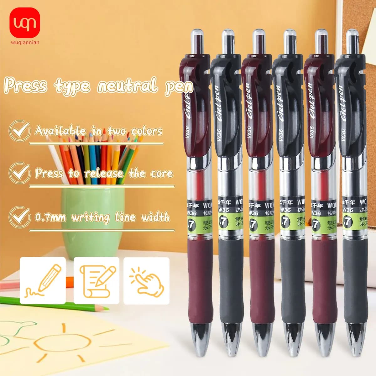WQN-12PCS Penne Gel a Punta Fine 0.5/0.7mm, Penne a Sfera Retrattili Nere/Rosse con Inchiostro ad Asciugatura Rapida, Forniture per Ufficio