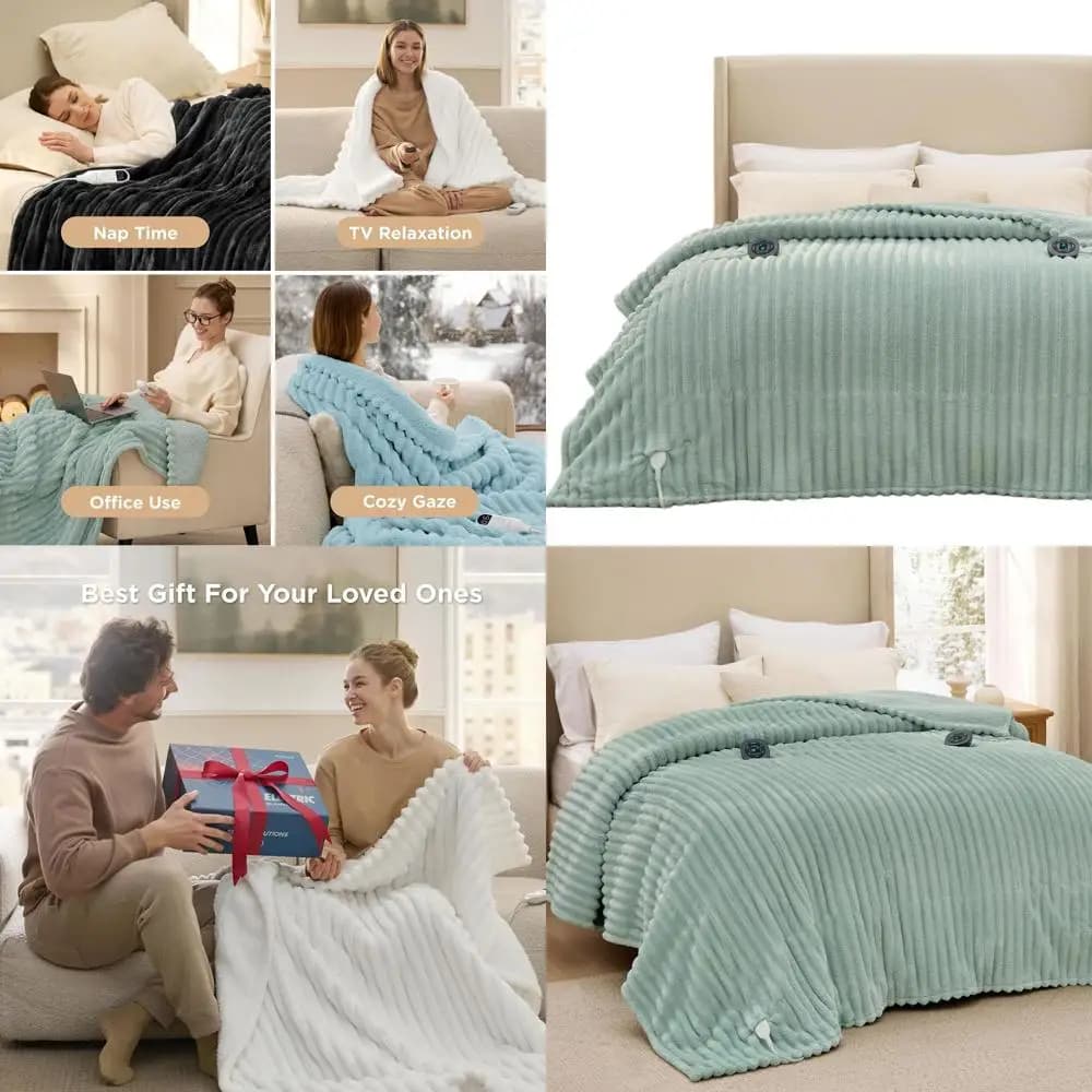 Coperta elettrica in flanella a righe spesse Queen Size con doppi controlli, 10 impostazioni di calore e 10 timer, spegnimento automatico di 8 ore