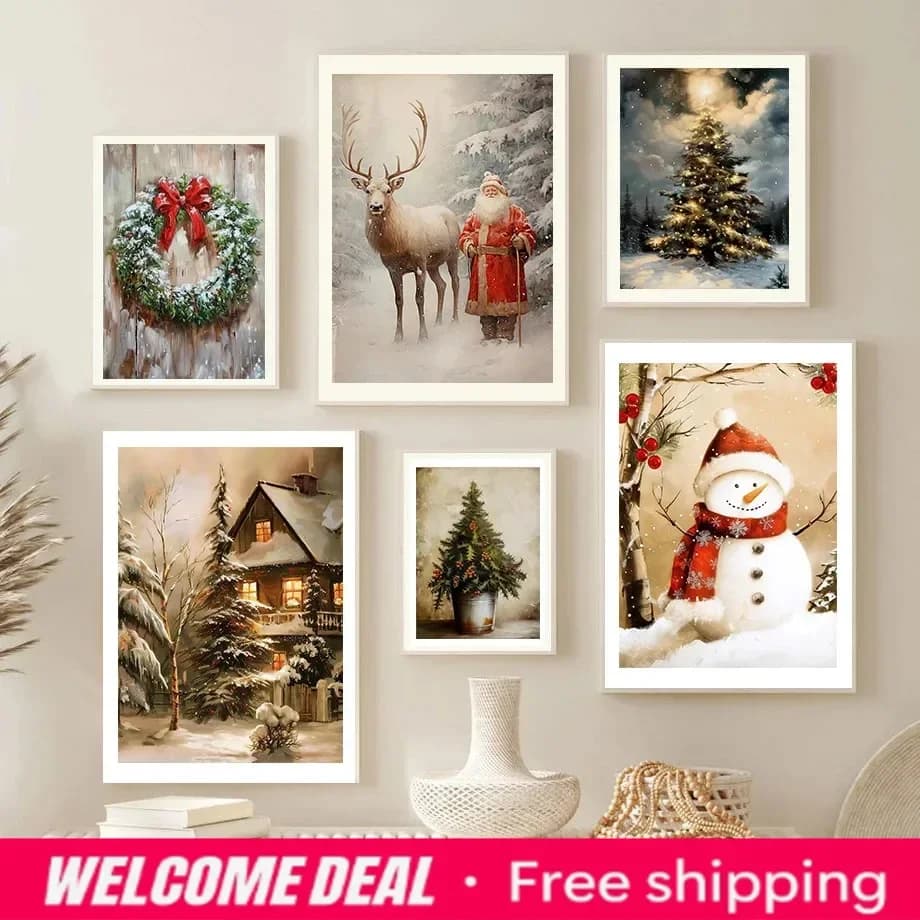 Christmas Decor Gift Christmas Tree Santa Claus Reindeer Poster Print Diamond Painting Nordic Wall Art Living Room Home Decor
