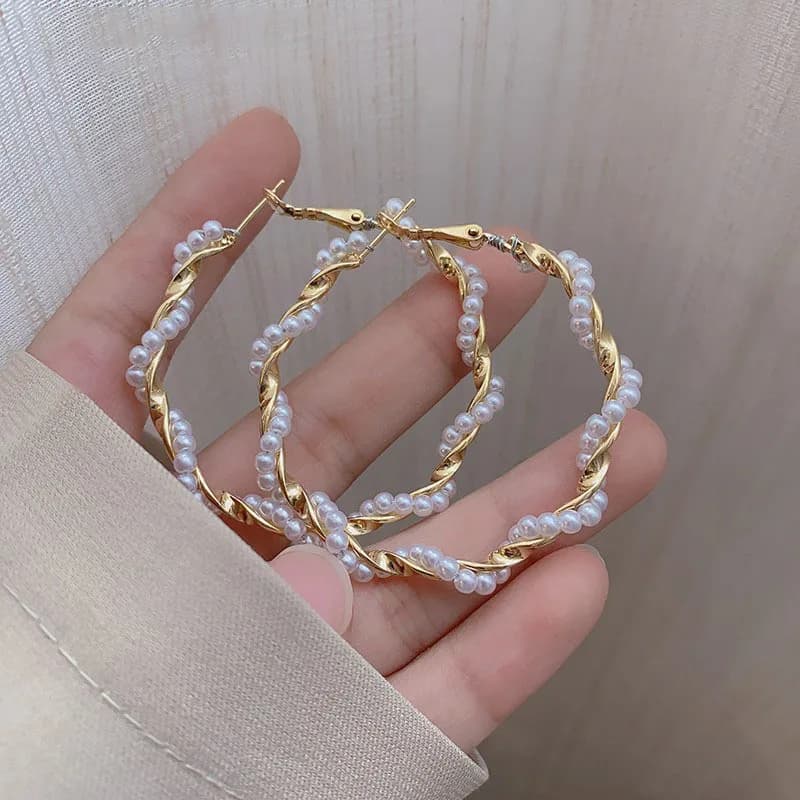 New Large Round Hoop Earrings in Sword Wire for Women 50mm Imitation Pearl Hiphop Punk Metal Ring Jewelry Girl Gift