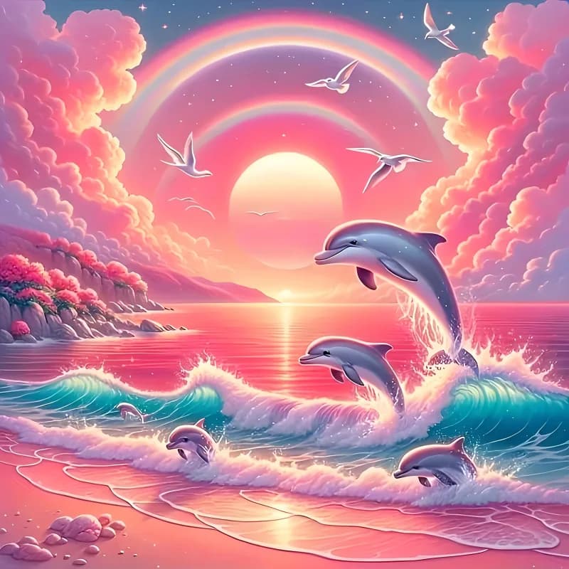 Kit per pittura con diamanti, motivo cielo rosa e delfino, pittura con diamanti rotondi, opzione con diamanti completi, diverse misure tra cui scegliere, senza cornice