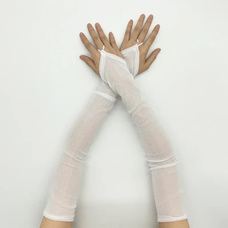 Guanti lunghi da donna con gancio elastico traspirante in rete trasparente bianca nera da 50 cm Guanti senza dita con etichetta per feste sexy