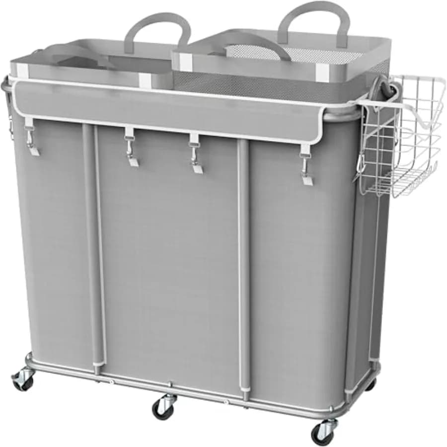 Carrello Portabiancheria Extra Large a 2 Sezioni con Ruote, 265L (70 Galloni), Cesto Resistente con 2 Sacchi Rimovibili e 6 Ruote Scorrevoli, Commerciale L