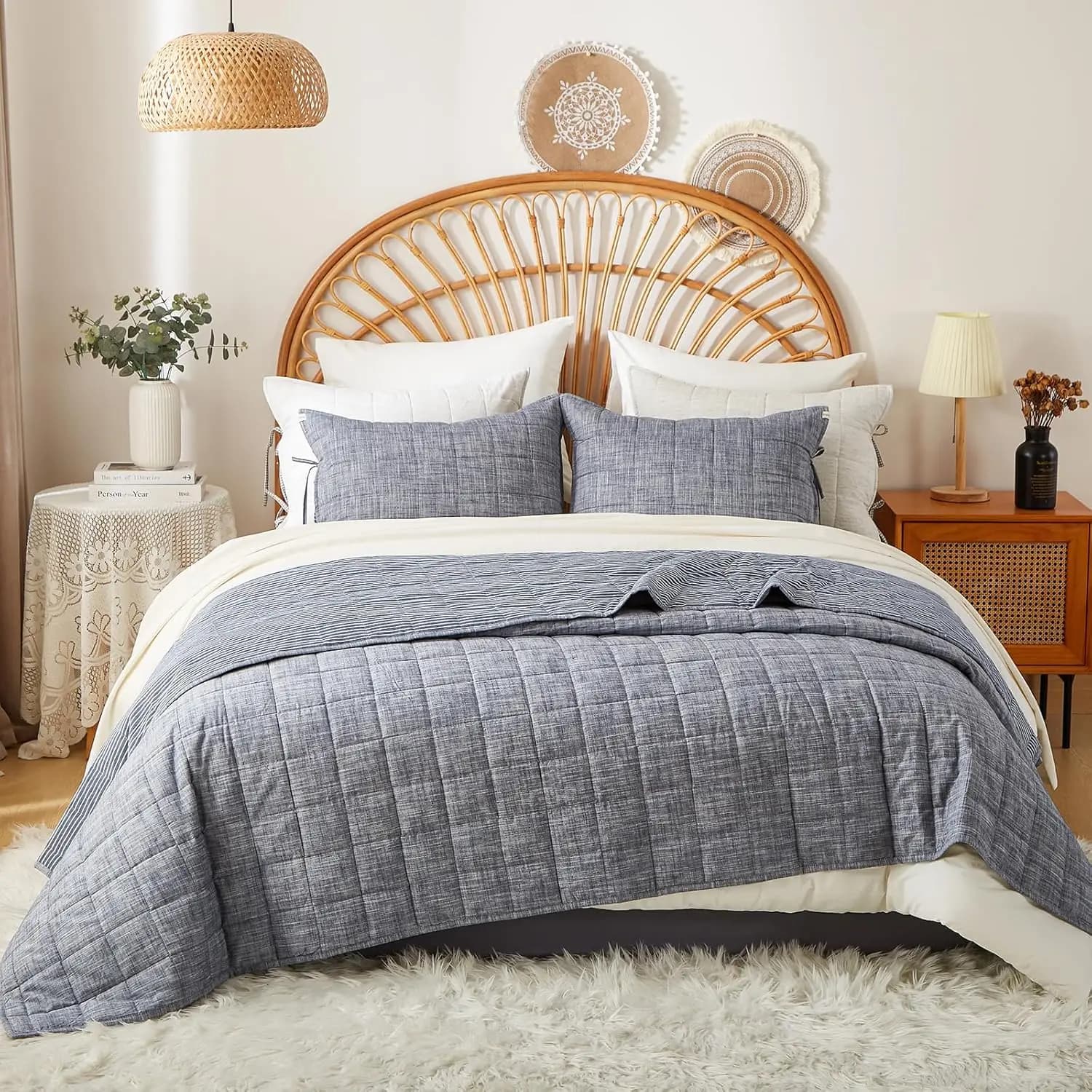 Set Queen Size Navy Blue, Cotton Quilted Set with Blue Stripes, Quilted Light Cover Includes 2 Faithful