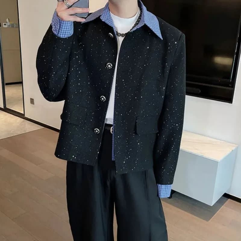 2025 Short Spliced new Jacket Men's Fashion Versatile Fake Two-piece Tops for Men