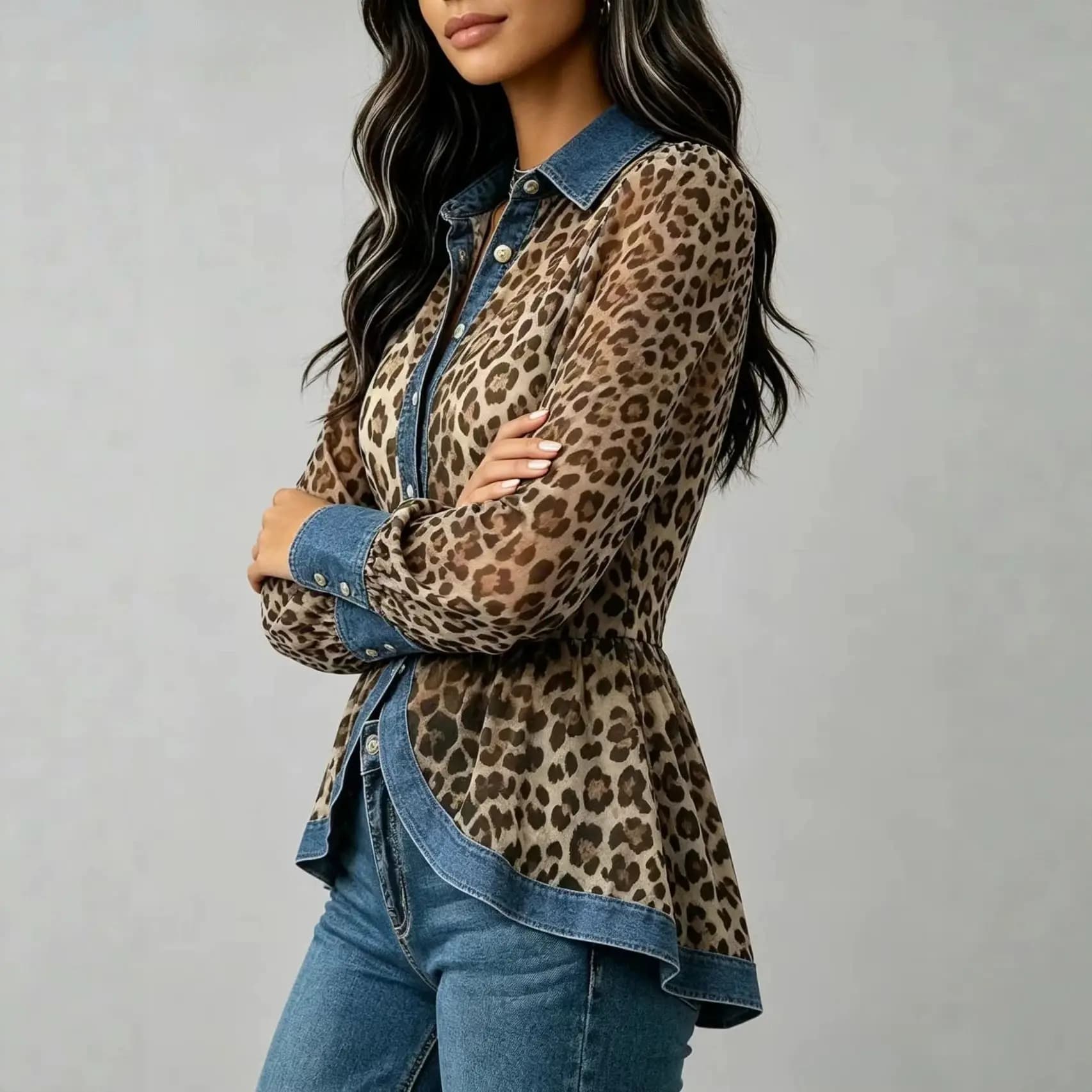 Women's Leopard Print Sheer Chiffon Peplum Blouse Denim Spliced Long Sleeve Button Down Shirt Casual Western Style Tops Shirt