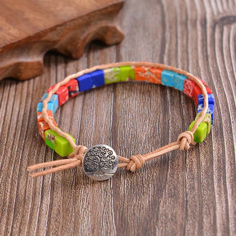 Bracciale regolabile zingaro tibetano in pelle con gemma naturale multicolore per donne e uomini, perline curative per l'ansia, gioielli per meditazione yoga