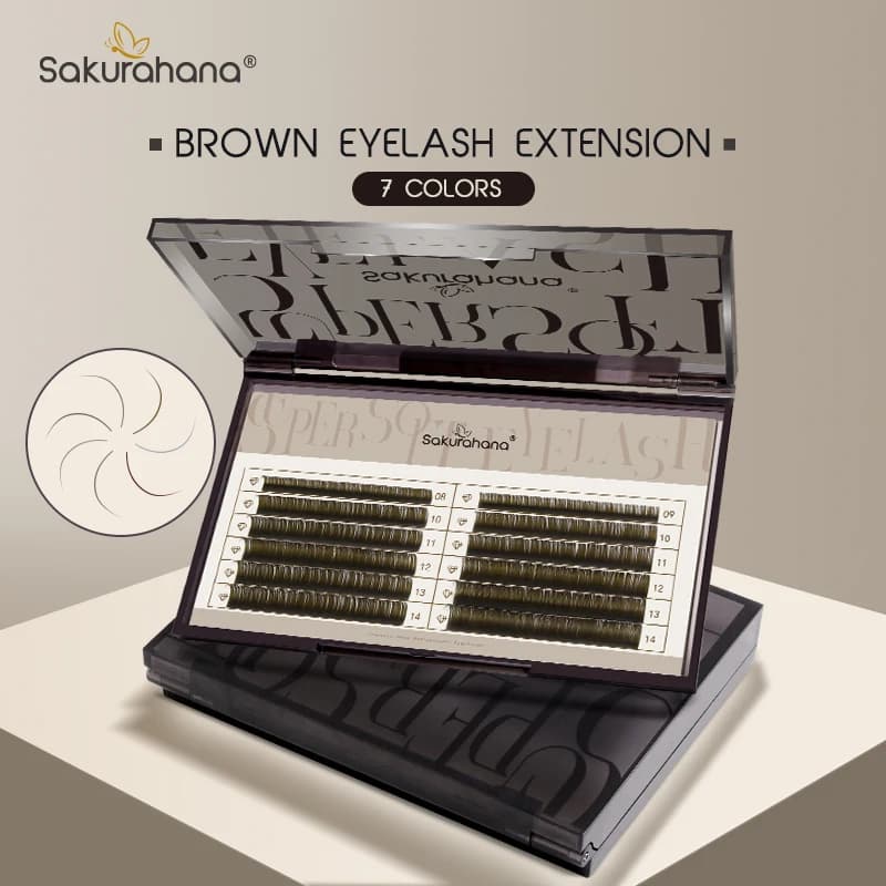 Extension ciglia individuali in visone sintetico Sakurahana, marrone scuro, 16 linee, ciglia a rete colorate premium a croce