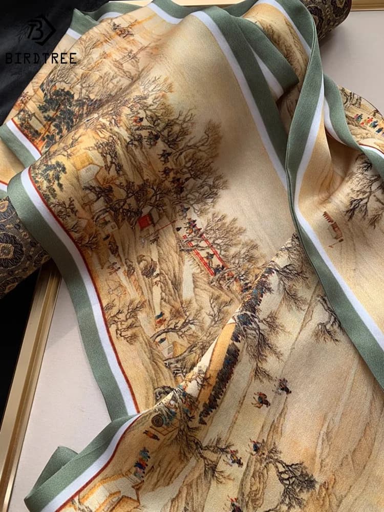 Birdtree 100% Real Silk Art Chinese Ink Wash Painting Scarf Spring Autumn Shawl Designed Elegant Wrap Kerchief New A30622QM