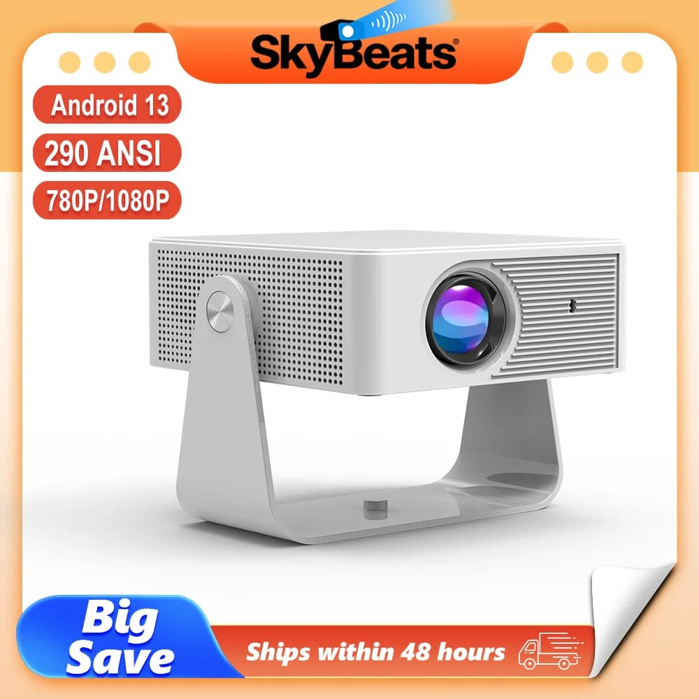 SkyBeats Smart Portable Video Projector Native 720P 290ANSI Support 1080P Auto Keystone Android13 WiFi6 BT5.0 Home Cinema