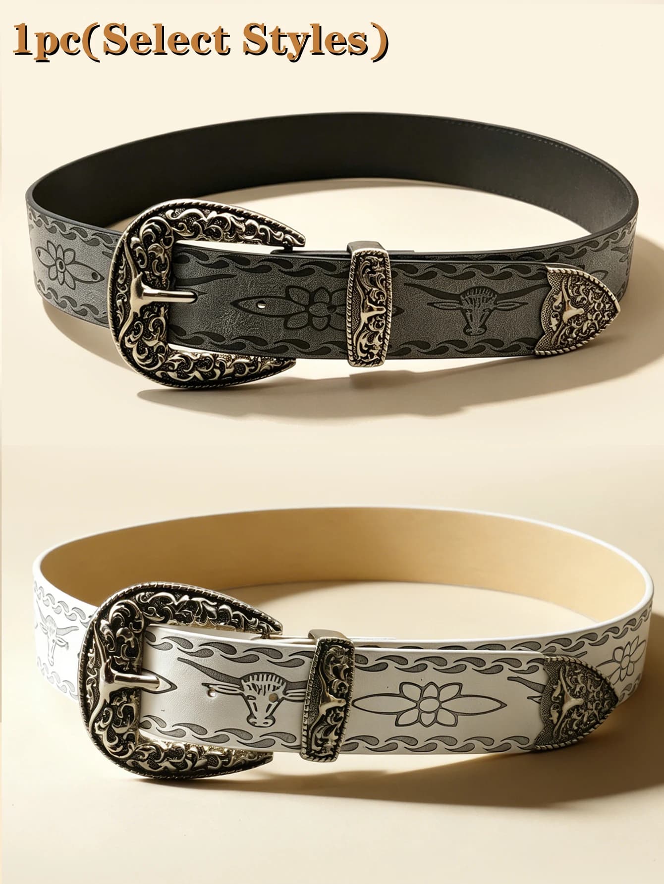Cintura in Stile Western con Testa di Toro Incisa, Fibbia Vintage Argento Invecchiato, Cintura Unisex da Cowboy