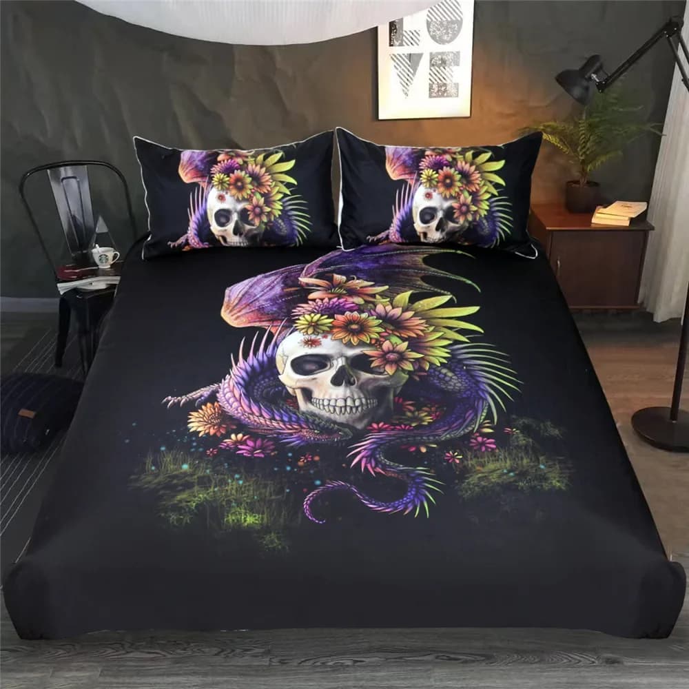 Set copripiumino nero con teschio turbante serpente senza lenzuolo Set biancheria letto matrimoniale king size queen
