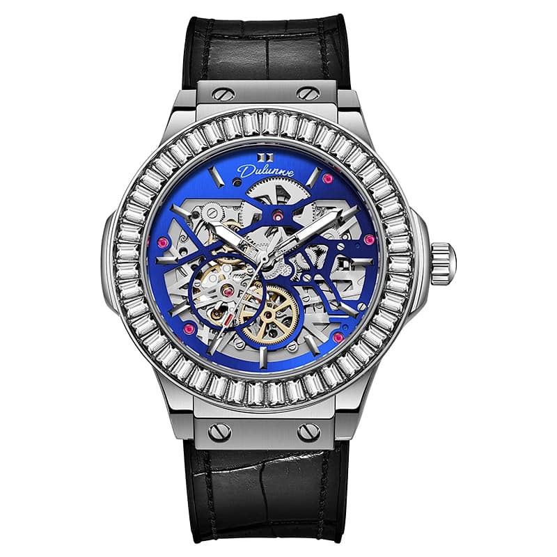 Dulunwe Mens Watch Original Brand Automatic Mechanical Watch Diamond Dial Waterproof Leather Strap Watches For Men