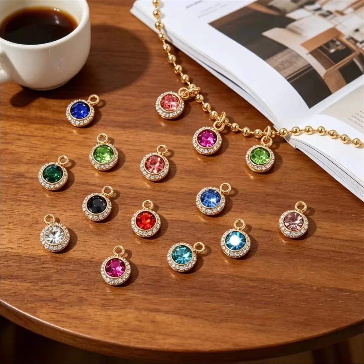 Titanium Steel Non-fade Color CZ 12 Birthstone Round Charms DIY Bracelet Necklace Earring Jewelry Findings