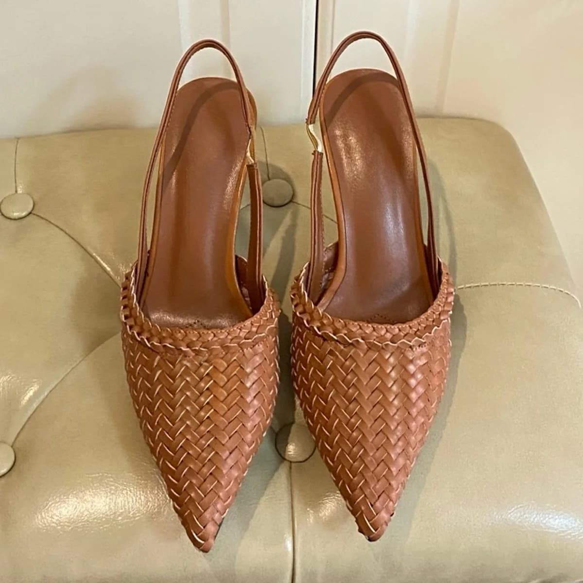 2026 Women's Woven Leather Slingback Heels, Pointed Toe Slip-On Pumps, Elegant Retro Casual Summer Shoes YYT26030148