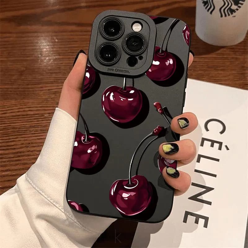 Cherry Phone Case for iPhone 17 Air16 15 14 13 12 11 Pro Max Plus 13/12 Mini XR 7 Black Protector Shockproof Cover